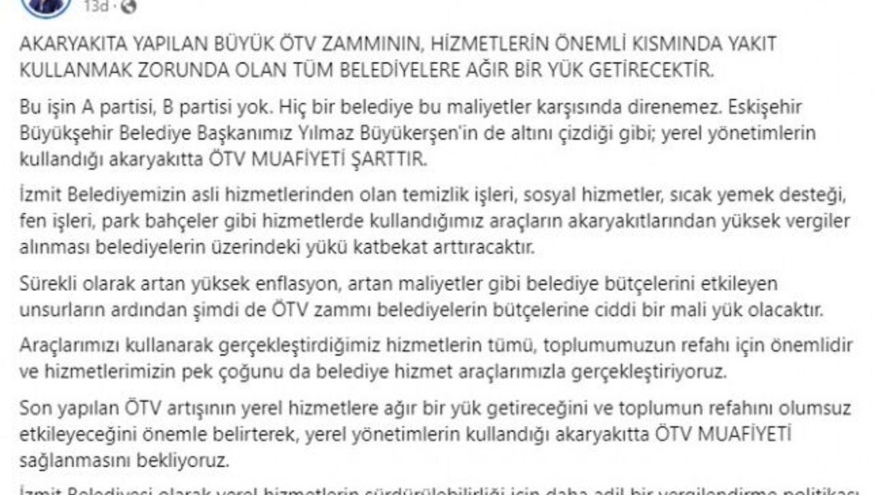 Başkan Hürriyet’ten, ÖTV zammına tepki: Yerel yönetimlerde ÖTV muafiyeti şart!