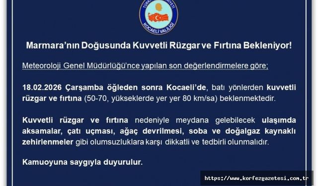 Kocaeli’de Kuvvetli Rüzgar ve Fırtına Uyarısı