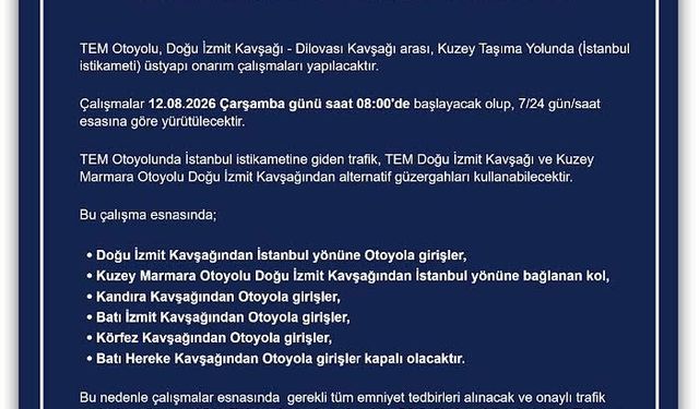 TEM Otoyolu’nda İzmit – Dilovası Arası Onarım Çalışması Başlıyor