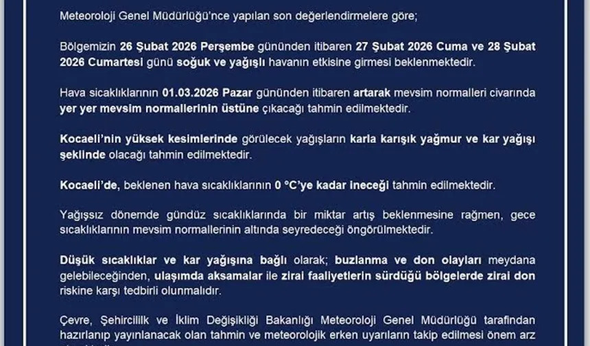 Kocaeli Soğuk ve Yağışlı Havaya Hazırlanıyor