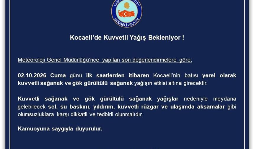 Kocaeli İçin Kuvvetli Yağış Uyarısı