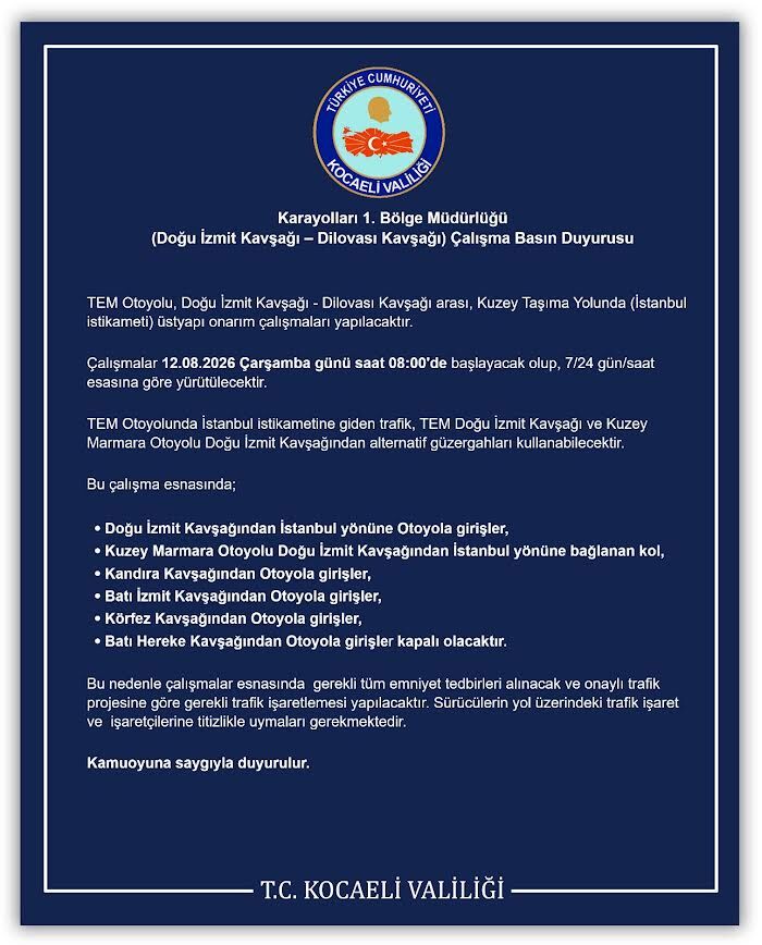 TEM Otoyolu’nda İzmit – Dilovası Arası Onarım Çalışması Başlıyor